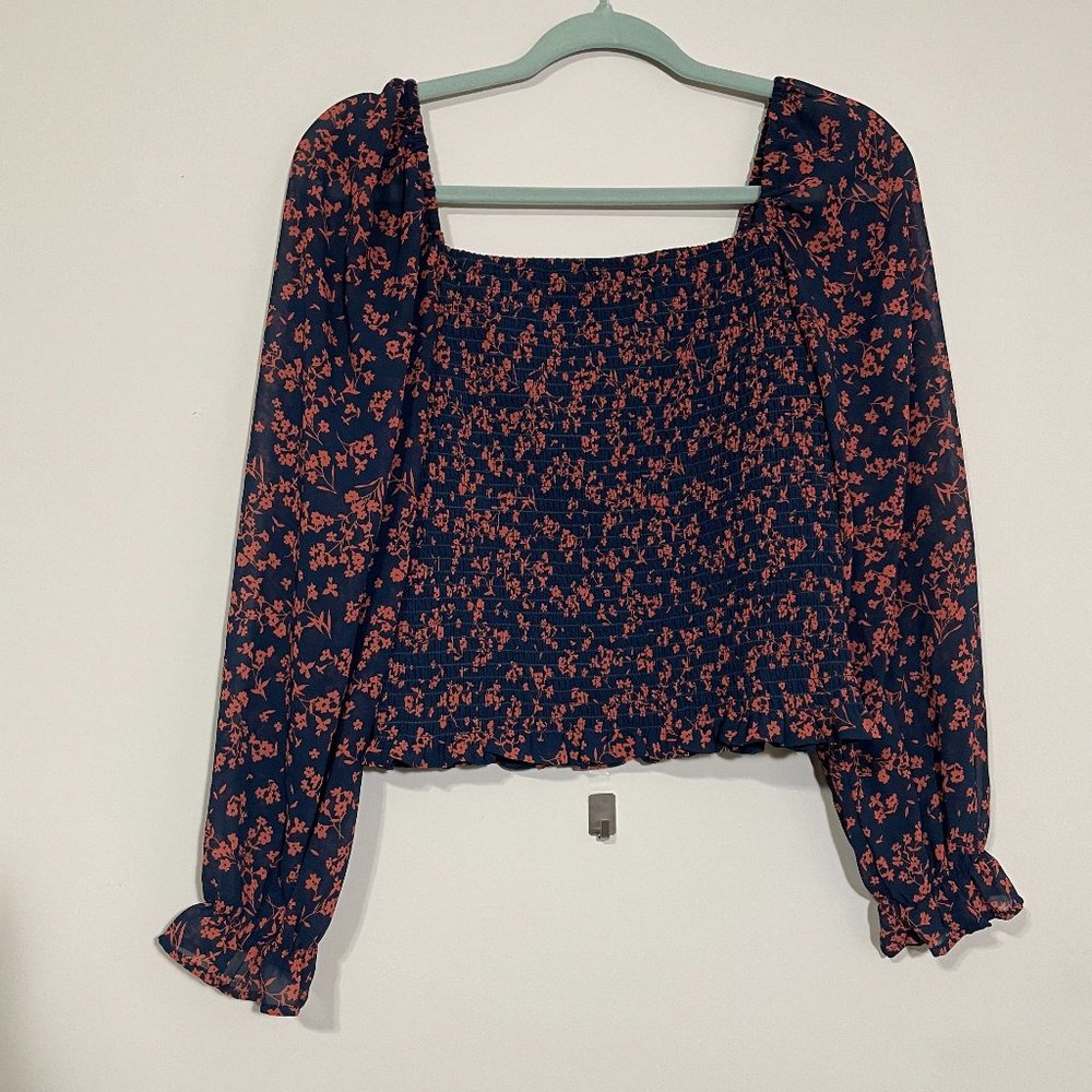 Super Cute Lush Navy and Rust Top with Sheer Peasant Style Sleeves Size S